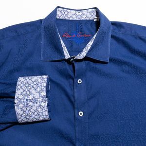 Robert Graham Flip Cuff Shirt Men's 2XL Paisley Textured Blue Fun Party